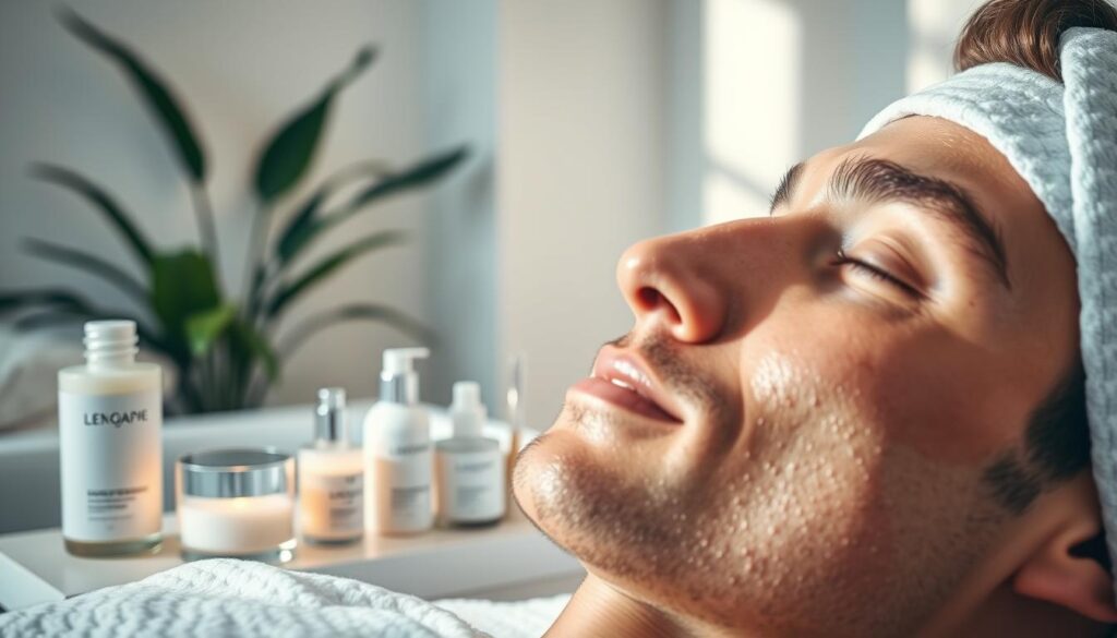 A serene, well-lit facial care scene set in a modern, minimalist spa-like environment. In the foreground, a close-up of a man's face undergoing a hydrating facial treatment, skin glowing with a radiant, healthy complexion. The middle ground features sleek, high-end skincare products and tools, arranged in an aesthetically pleasing manner. The background showcases a soothing, neutral-toned interior with natural elements like plants, creating a calming, rejuvenating atmosphere. Soft, diffused lighting casts a warm, nurturing glow over the entire scene, highlighting the restorative "metody odnowy" experience.