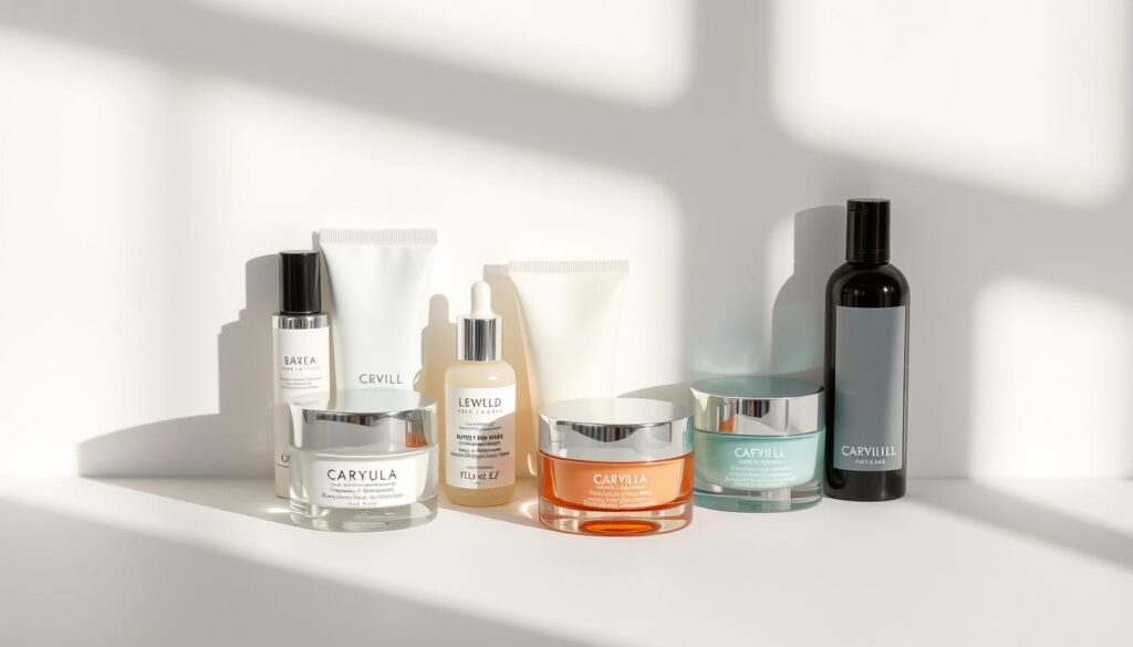 A thoughtful arrangement of various facial creams displayed on a clean, minimalist backdrop. The products are artfully positioned, casting soft, directional shadows that highlight their distinct textures and hues. The lighting is natural and diffused, creating a sense of serene, high-end sophistication. The overall composition is balanced and inviting, drawing the viewer's attention to the nuanced details of each cream's packaging and formulation. This image effectively conveys the importance of carefully selecting the right facial moisturizer to address one's unique skin care needs.