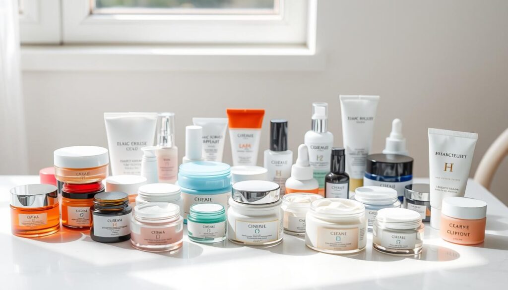 A vibrant array of face creams neatly arranged on a clean, minimalist table, illuminated by soft, diffused natural light from a nearby window. The creams are presented in an assortment of jars, tubes, and bottles, showcasing different textures, colors, and labels to represent the diverse "rodzaje kremów" (types of creams). The image has a serene, spa-like atmosphere, inviting the viewer to explore the various skincare options. The composition is well-balanced, with the creams as the focal point, surrounded by a simple, elegant background that allows the products to shine.