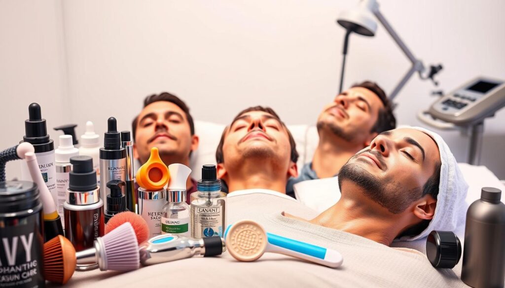 A vibrant array of men's facial treatments against a crisp, clean backdrop. In the foreground, close-up shots of various skincare products and tools - serums, creams, brushes, and exfoliating devices. In the middle ground, a series of men receiving different procedures - microdermabrasion, LED light therapy, and deep cleansing facials, all captured with a soft, flattering lighting. In the background, a minimal, yet sophisticated medical spa setting with sleek, modern equipment. The overall mood is one of relaxation, wellness, and a heightened sense of self-care, reflecting the article's focus on effective rejuvenation methods for the modern man.
