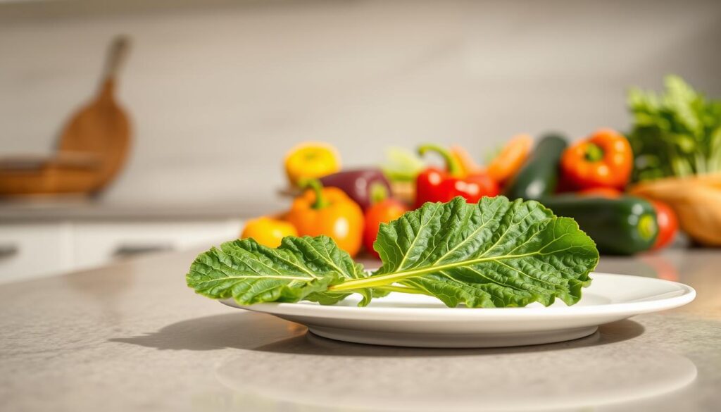 A warm, natural light illuminates a serene kitchen countertop, where an assortment of fresh, organic produce sits in a carefully arranged display. In the foreground, a delicate leaf of kale rests atop a crisp, white plate, hinting at the start of a nourishing, eliminating diet. In the middle ground, an array of vegetables, including bell peppers, carrots, and zucchini, are neatly grouped, suggesting the variety of ingredients to be incorporated into this new, healthful eating plan. The background features a clean, minimalist backdrop, emphasizing the simplicity and purity of the ingredients. The overall atmosphere conveys a sense of balance, renewal, and the promise of improved skin health through a thoughtful, elimination-based approach to nutrition.
