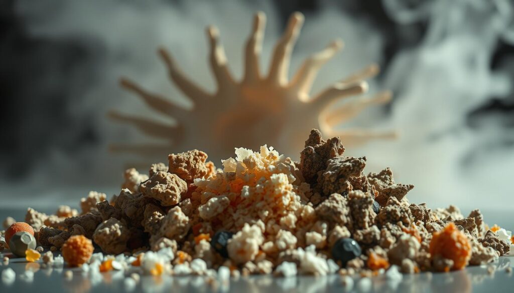 Aggressive skin care ingredients, a visually striking display of potent compounds. In the foreground, a collection of harsh chemicals and abrasive particles, their jagged edges and harsh textures conveying a sense of danger. The middle ground features a distorted, pulsating backdrop, suggesting the damaging effects these ingredients can have on delicate skin. The background is shrouded in an ominous, hazy atmosphere, emphasizing the need to be wary of these aggressive formulations. Dramatic lighting casts dramatic shadows, heightening the sense of intensity. The overall composition evokes a sense of unease and caution, warning the viewer to be discerning when selecting skincare products.