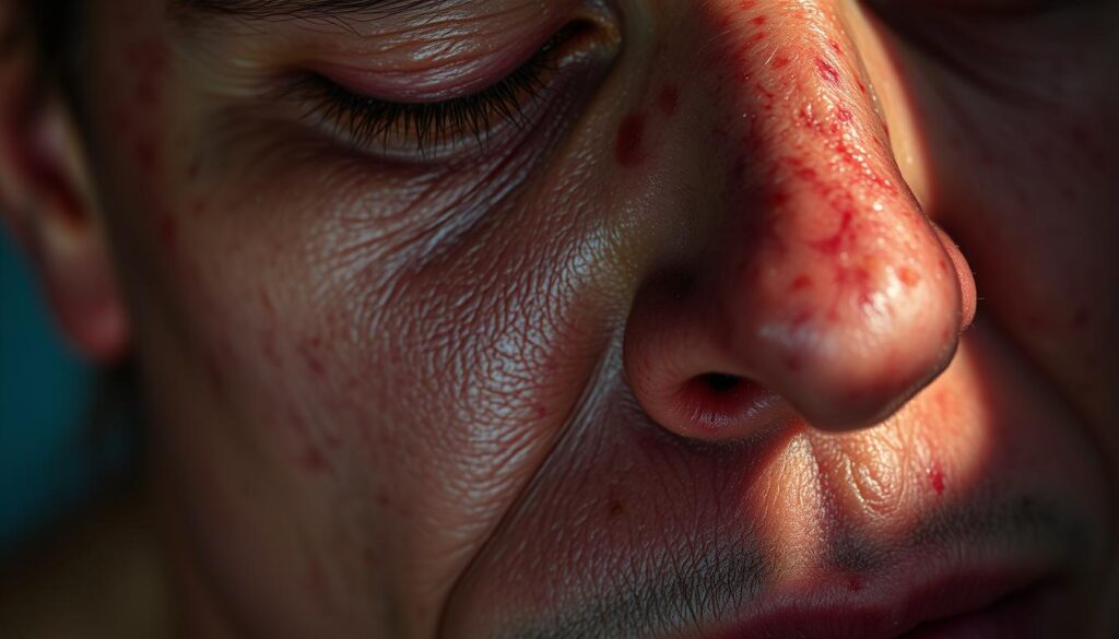 Detailed close-up of a troubled human skin, showing signs of dryness, irritation, uneven tone, and blemishes. Prominent pores, flaky patches, and reddish inflammation visible under harsh, dramatic lighting that casts dramatic shadows, creating a sense of distress. The skin appears dehydrated, lacking in suppleness and vibrancy, with a dull, lifeless quality. The image conveys a sense of the skin's need for revitalization and detoxification after the harsh winter months.
