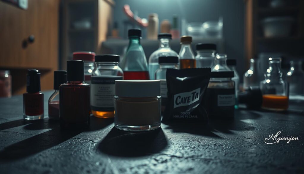 High-contrast close-up shot of various harmful cosmetic ingredients arranged on a dark, textured surface. Foreground features prominently a bottle of nail polish, jar of skin cream, and packet of hair dye, all casting long shadows. Middle ground holds an assortment of chemical-laden beauty products in glass jars and bottles. Background blurs into a somber, moody atmosphere, with hints of laboratory equipment and shelving. Lighting is dramatic, with directional shadows and highlights emphasizing the ominous nature of the toxic substances. The overall composition conveys a sense of unease and the hidden dangers lurking in seemingly innocuous cosmetics.