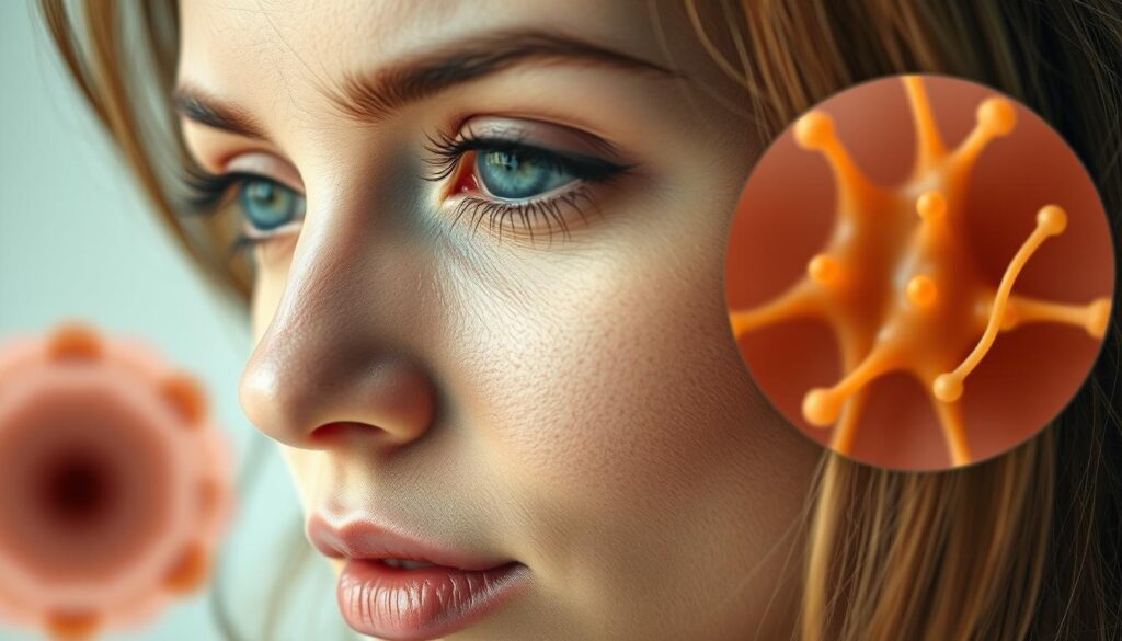 Intricate interplay of hormones influencing skin and hair: a close-up portrait showcasing the delicate balance between estrogen, testosterone, and thyroid hormones. Soft, diffused lighting illuminates the subject's complexion, revealing the subtle effects of hormonal fluctuations on skin texture, tone, and radiance. In the background, microscopic details of hair follicles and sebaceous glands are rendered in meticulous detail, illustrating the mechanisms by which hormones shape the appearance of our crowning glory. The overall composition conveys a sense of scientific exploration, inviting the viewer to delve into the intricate relationship between hormones and beauty.