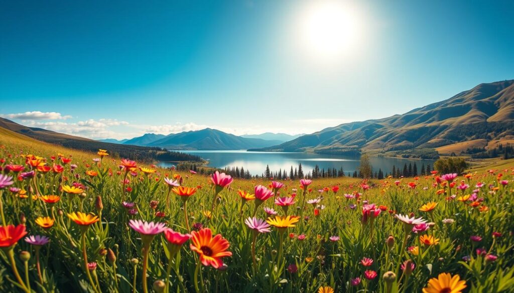 Prompt A captivating visual representation of hormonal balance, showcasing a serene, natural landscape. In the foreground, a lush, verdant field populated with vibrant wildflowers, their petals gently swaying in a soft breeze. In the middle ground, a tranquil lake reflects the sky above, its surface mirroring the harmony of the scene. In the background, rolling hills and towering mountains rise up, their silhouettes bathed in warm, golden light. The overall atmosphere conveys a sense of balance, equilibrium, and the natural rhythms of the body. The image is captured through a wide-angle lens, creating a panoramic, immersive effect, inviting the viewer to feel a deep connection with the harmonious interplay of elements.