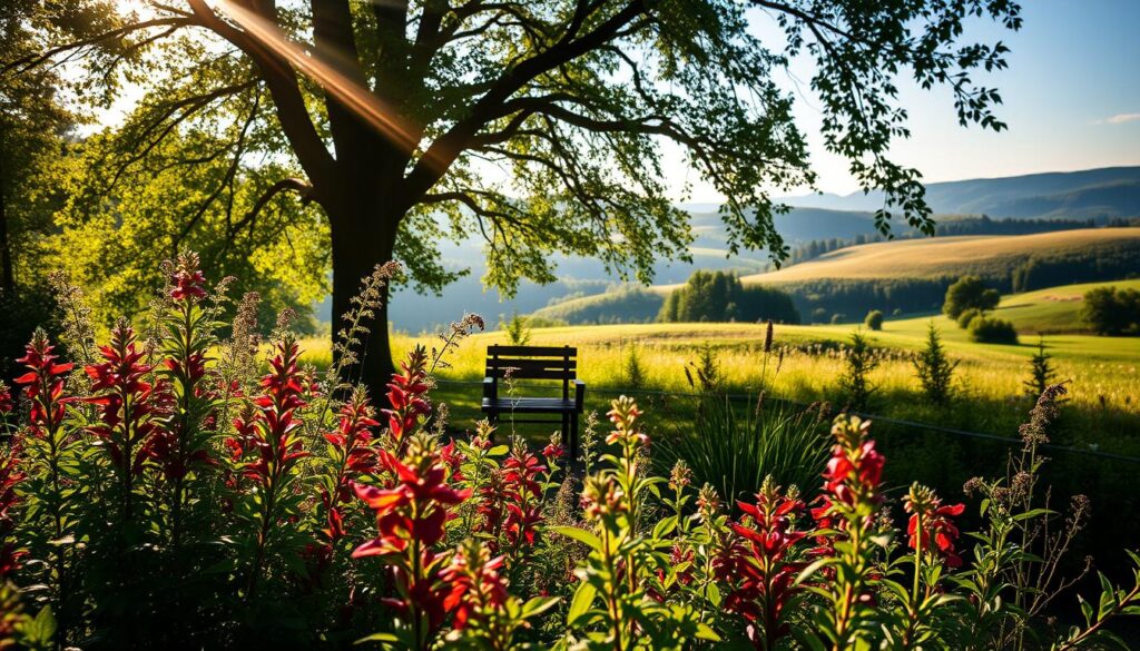 A beautiful garden bursting with vibrant, lush herbs in the foreground, their leaves and stems gently swaying in the soft, warm breeze. Dappled sunlight filters through the canopy of a nearby forest, casting a serene, ethereal glow over the scene. In the middle ground, a small wooden bench invites contemplation, while in the distance, rolling hills dotted with wildflowers fade into the horizon. The overall atmosphere is one of tranquility, natural healing, and the restorative power of nature's gifts - the "zalety ziół" or bountiful benefits of herbs.