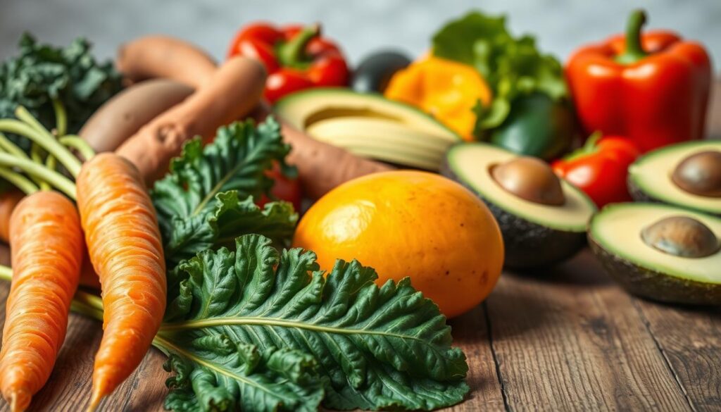 A bright, well-lit still life arrangement showcasing a variety of natural, whole food sources of vitamin A. In the foreground, a vibrant orange carrot, a ripe yellow mango, and deep green leafy kale leaves are elegantly displayed on a rustic wooden surface. The middle ground features an array of other vitamin A-rich ingredients such as sweet potatoes, red bell peppers, and creamy avocado slices. The background is softly blurred, creating a sense of depth and focus on the nutritious plant-based foods. The overall composition and lighting evoke a wholesome, healthy, and natural atmosphere, visually communicating the importance of vitamin A for maintaining a glowing, healthy complexion.
