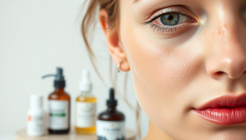 A close-up view of a woman's face, highlighting common skincare mistakes. The foreground features a detailed close-up of the skin, revealing visible pores, blemishes, and uneven texture. The middle ground showcases various skincare products, including incorrect application techniques and expired or unsuitable products. The background blurs into a neutral, minimalist setting, allowing the focus to remain on the facial imperfections and problematic skincare routine. The lighting is soft and diffused, creating a contemplative, educational mood. The image aims to illustrate the importance of proper skincare practices and identifying common pitfalls in facial pampering.