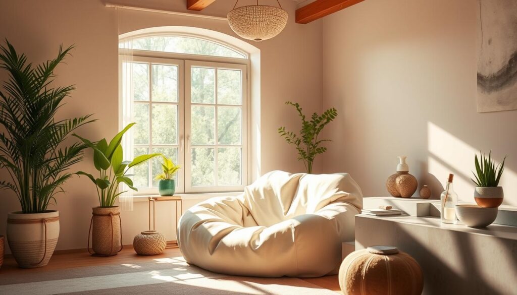 A cozy, sun-dappled wellness oasis, with a plush, oversized lounge chair nestled in the center of the frame. Soft, natural lighting filters through a large window, casting a warm, inviting glow. The background features a serene, minimalist Scandinavian-inspired interior, with clean lines and earthy tones. Verdant potted plants and a calming water feature add to the tranquil ambiance. The overall scene evokes a sense of peace, relaxation, and rejuvenation, perfectly capturing the essence of a "przestrzeń do relaksacji" - a space designed for unwinding and self-care.