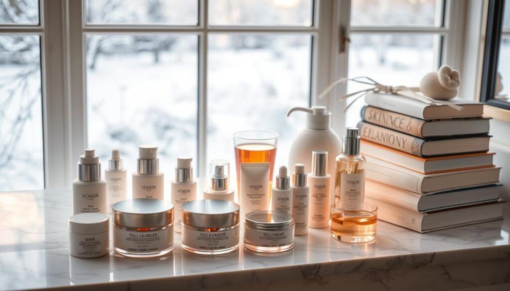 A cozy, winter skincare scene. In the foreground, an array of moisturizing creams, serums, and oils in soothing, pastel hues sits atop a marble vanity. Diffused, soft lighting casts a warm, glowing ambiance. In the middle ground, a glass of hot tea and a stack of luxurious skincare books suggest a moment of self-care. The background depicts a snowy, winter landscape visible through a large window, creating a sense of tranquility and the need to nourish delicate, reddened skin during the harsh, cold season.
