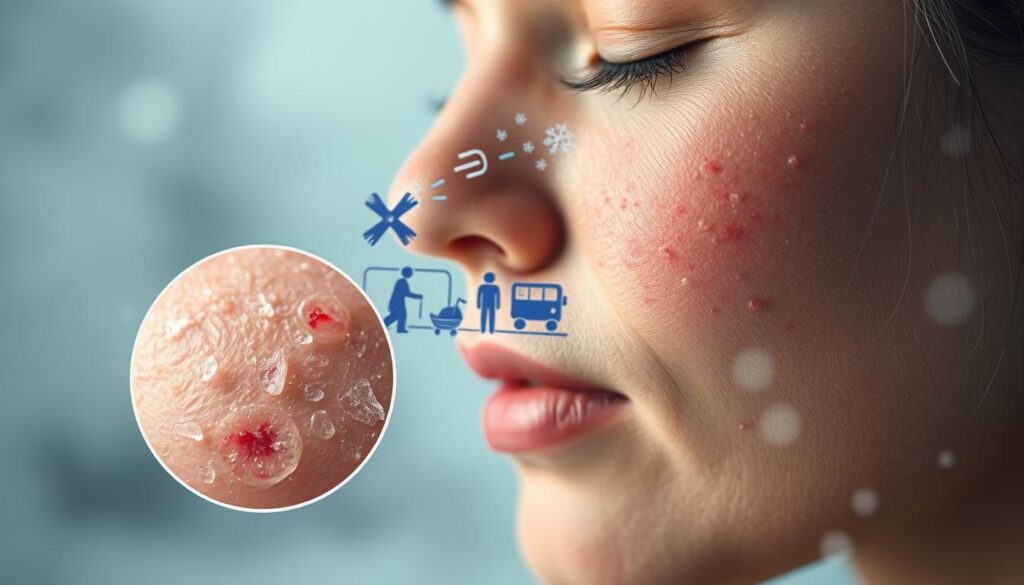 A detailed, photorealistic close-up image of the key factors that influence sensitive, rosacea-prone skin in winter. In the foreground, a magnified view of the skin's surface revealing dilated blood vessels, inflammation, and irritation. In the middle ground, a series of environmental elements like cold air, wind, and dry indoor heating causing disruption to the skin's protective barrier. In the background, a muted palette of blues and grays evoking the harsh winter climate. Soft, diffused lighting illuminates the scene, emphasizing the delicate, vulnerable nature of the complexion. The overall mood is one of clinical analysis, drawing attention to the specific challenges faced by those with rosacea-affected skin during the colder months.
