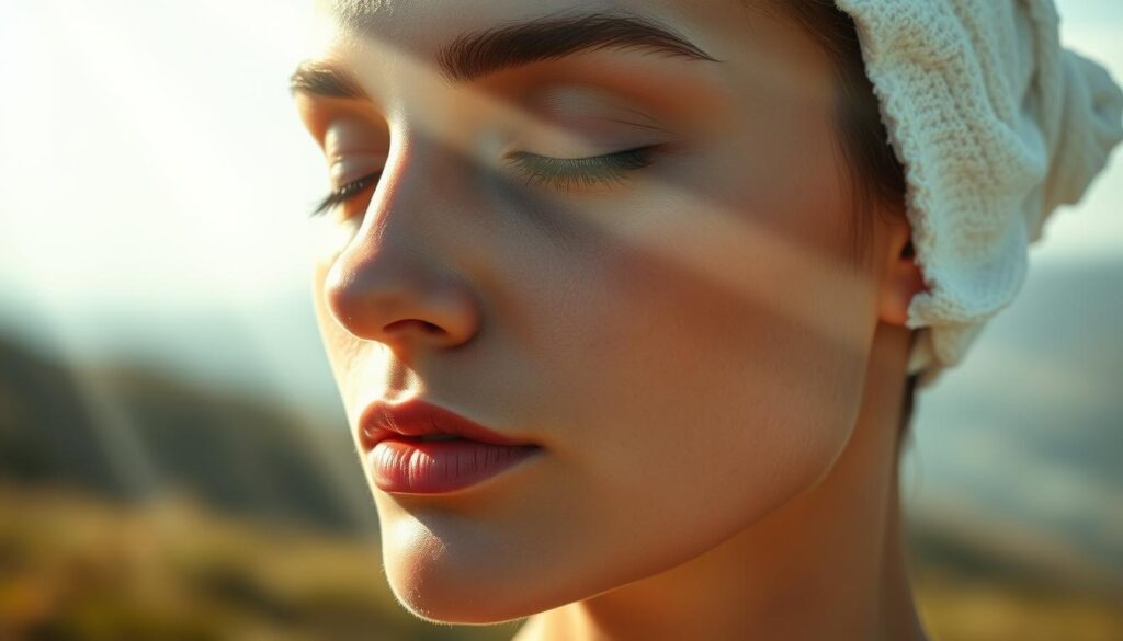 A serene, close-up portrait of a woman's face, her eyes closed in deep contemplation, as she undergoes a cleansing ritual. Beams of soft, diffused light filter through her translucent skin, highlighting the gentle curves and contours. The background is a hazy, dreamy landscape, evoking a sense of introspection and inner peace. The woman's expression conveys a profound understanding of the significance of facial cleansing, a rejuvenating process that purifies the skin and nourishes the soul. The overall tone is one of tranquility, mindfulness, and the beauty of self-care.