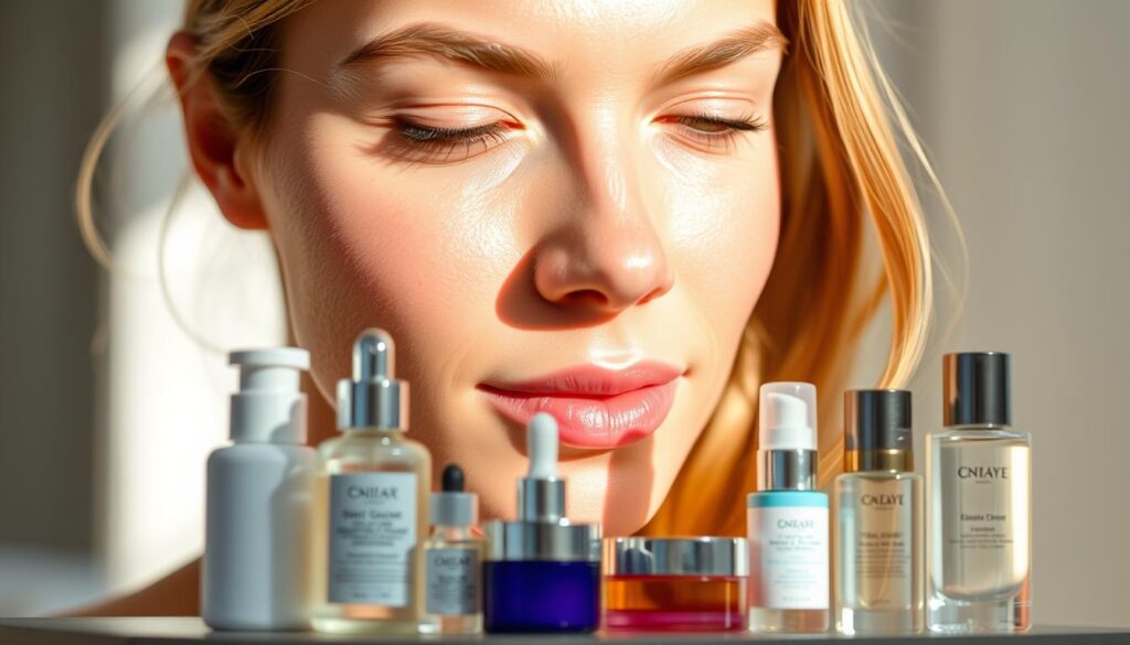 A serene, close-up portrait of a woman's face, illuminated by soft, diffused natural lighting. Her skin appears flawless, glowing with a healthy radiance. In the middle ground, various skincare products are elegantly arranged, hinting at the importance of a diligent facial care routine. The background is blurred, creating a sense of depth and focus on the central subject. The overall mood is one of tranquility and self-care, conveying the significance of proper facial pampering.