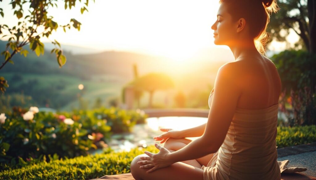 A serene scene of a person engaging in relaxation practices, with the focus on the health benefits. A soft, warm light bathes the foreground, highlighting a person sitting cross-legged, eyes closed in meditation. The middle ground features a lush, verdant garden, with soothing natural elements like plants, flowers, and a tranquil pond. The background showcases a peaceful, picturesque landscape, perhaps with rolling hills or a distant horizon. The overall atmosphere conveys a sense of calm, balance, and rejuvenation, subtly suggesting the holistic well-being that can be achieved through relaxation.