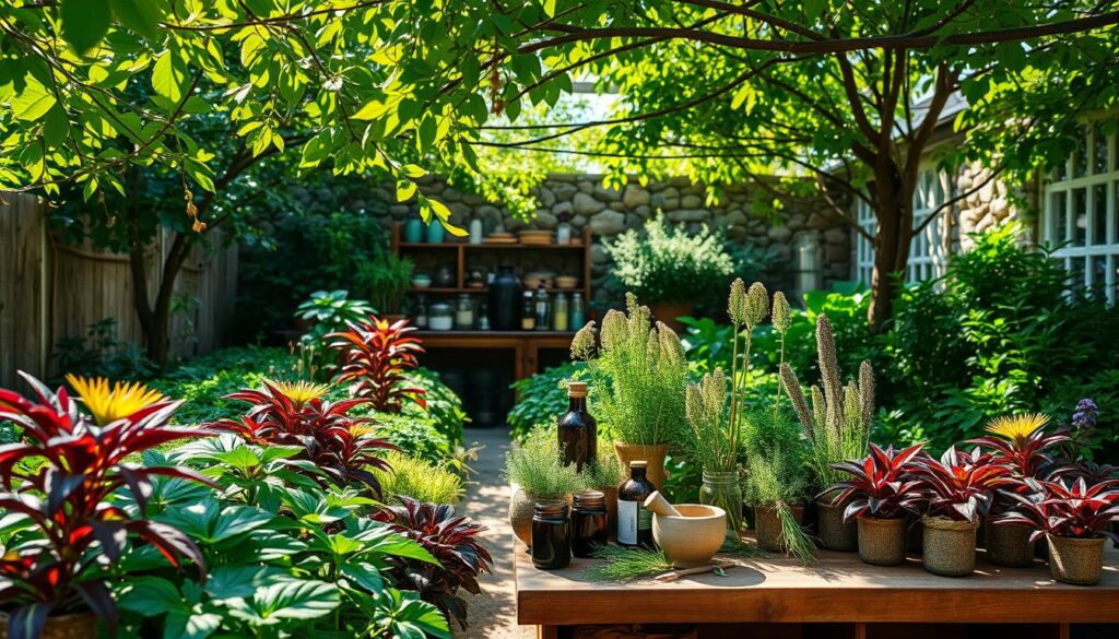A serene, sun-dappled herbal garden with lush, vibrant foliage in the foreground. Rows of potted medicinal plants, their leaves and stems in shades of green, purple, and russet, arranged in a harmonious display. In the middle ground, a wooden table holds an array of jars, bottles, and mortar and pestle, suggesting the preparation of herbal remedies. Soft, warm lighting filters through the canopy, creating a natural, soothing atmosphere. In the background, a stone wall or wooden fence serves as a backdrop, hinting at the tranquility of the setting. The overall scene conveys a sense of balance, well-being, and the restorative power of nature's botanicals.