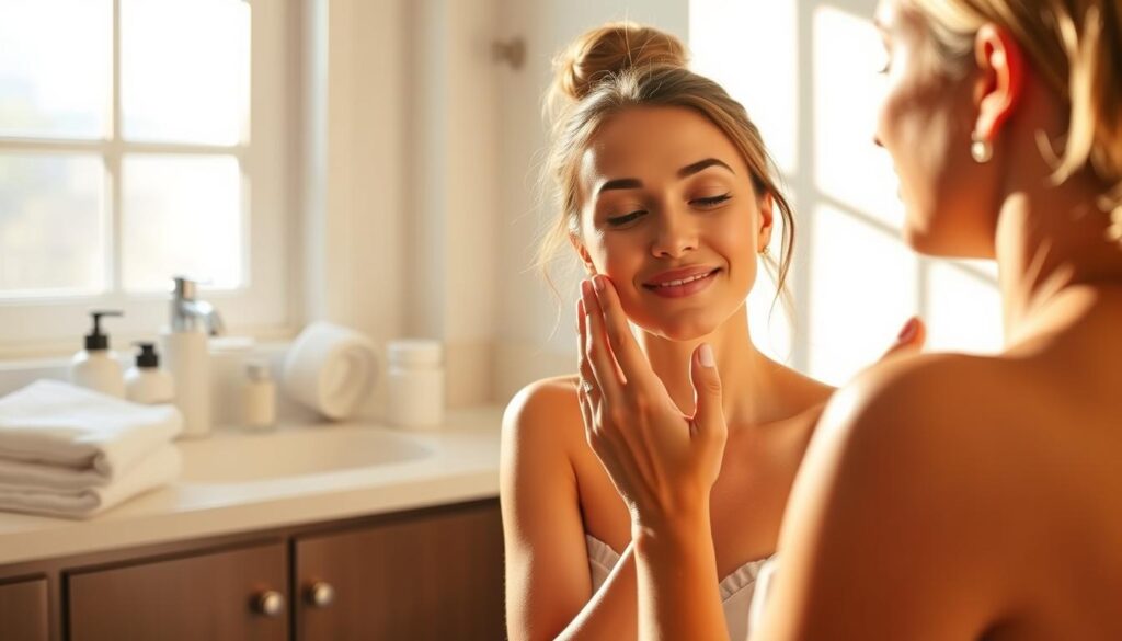 A serene, well-lit bathroom scene with a vanity sink, a soft towel, and various skincare products arranged neatly. Natural daylight filters in through a large window, casting a warm, soothing glow. The countertop is clean and uncluttered, creating a sense of calm and order. In the foreground, a woman's hands gently massage a luxurious, fragrant facial cleanser into her glowing skin, her expression peaceful and focused. The overall atmosphere conveys a sense of self-care, relaxation, and a mindful approach to facial cleansing.