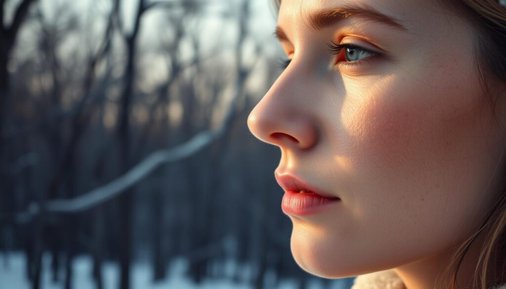 A serene winter landscape, with a close-up of a woman's face in the foreground. Her skin appears delicate and luminous, with a slight reddish tint, suggesting a sensitive, couperose complexion. The lighting is soft and diffuse, casting a gentle glow on her features. In the background, a snowy forest scene with bare trees and a muted, muted color palette. The overall mood is one of tranquility and thoughtfulness, reflecting the importance of proper skincare during the harsh winter months.