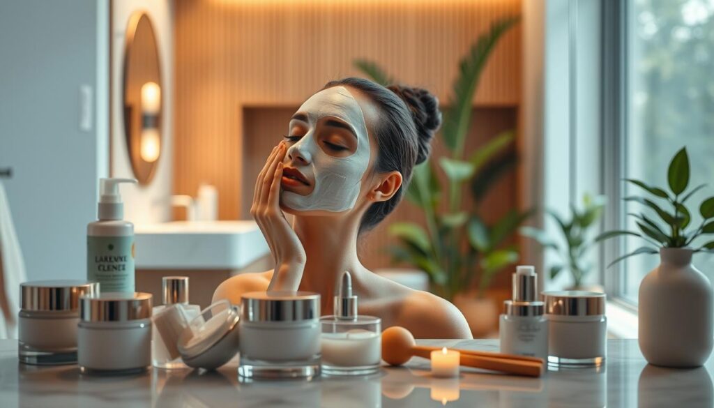 A tranquil spa-like scene, bathed in soft lighting and natural textures. In the foreground, a serene arrangement of facial care products - luxurious creams, cleansers, and tools - carefully placed on a marble countertop. The middle ground showcases a model's face in profile, eyes closed, as they gently apply a face mask with skilled, delicate movements. In the background, a serene, minimalist bathroom interior with wooden accents and lush greenery, creating a calming, rejuvenating atmosphere. The overall composition conveys a sense of mindfulness, self-care, and the transformative power of proper skincare techniques.