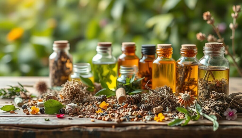 A vibrant display of herbal remedies for problematic skin, captured in a soft, natural light. In the foreground, an array of earthy tones and textures - dried herbs, leaves, and flowers, arranged artfully on a rustic wooden surface. The middle ground showcases glass jars filled with infusions, tinctures, and aromatic oils, hinting at the potent healing properties within. In the background, a sense of tranquility prevails, with a blurred, verdant backdrop suggesting the lush source of these botanical wonders. The overall composition evokes a sense of holistic wellness, inviting the viewer to imagine the soothing and restorative effects of these herbal skin care treatments.