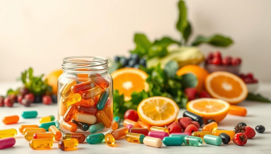 A vibrant still life capturing an array of vitamins essential for healthy skin. In the foreground, a glass jar showcases an assortment of colorful capsules and tablets, their translucent surfaces glistening under warm, soft lighting. In the middle ground, a scattering of fresh fruits and vegetables - juicy oranges, leafy greens, and vibrant berries - symbolize the natural sources of these vital nutrients. The background features a serene, minimalist setting, allowing the central elements to take center stage and convey a sense of simplicity and purity. The composition is balanced, the lighting is natural and flattering, and the overall mood is one of wellness, vitality, and the power of nature to nourish and rejuvenate the skin.