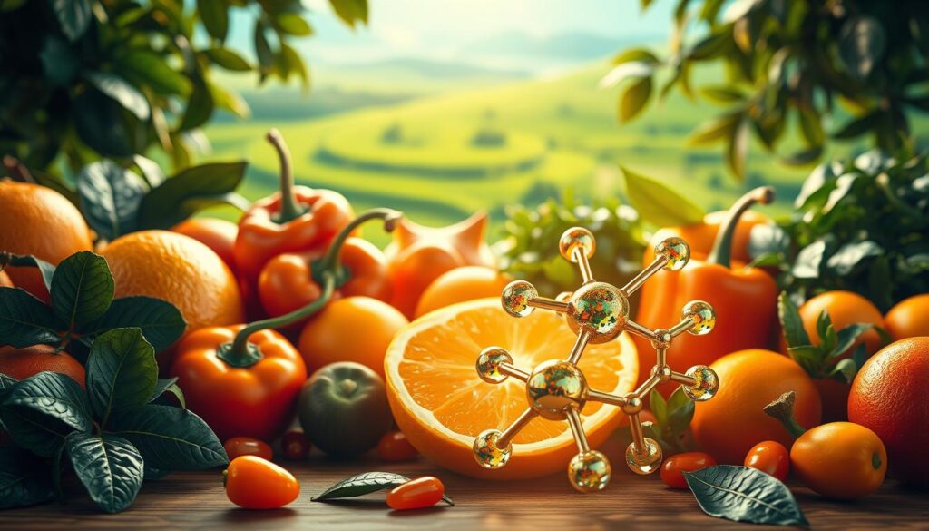 High resolution, highly detailed artwork of a vitamin C molecule amid lush, natural sources of vitamin C such as citrus fruits, peppers, and leafy greens. The scene is bathed in warm, soft lighting, with a focus on the vitamin C molecule in the foreground to highlight its molecular structure and vibrant color. The middle ground depicts the natural sources in a visually appealing arrangement, while the background features a serene, natural landscape to convey a sense of health and vitality. The overall composition and color palette emphasize the power of vitamin C as a key nutrient for collagen production and skin health.