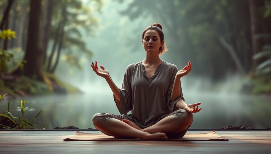 Meditative woman practicing yoga in a serene, nature-inspired setting. Soft, natural lighting illuminates her peaceful expression as she sits cross-legged, palms upturned in a lotus position. The background features a tranquil forest scene with lush greenery, a calming body of water, and a hazy, atmospheric quality. Textural details like the woman's flowing clothing and the organic textures of the environment evoke a sense of mindfulness and relaxation. An overall harmonious and soothing visual composition that embodies the spirit of rejuvenating, restorative rituals.